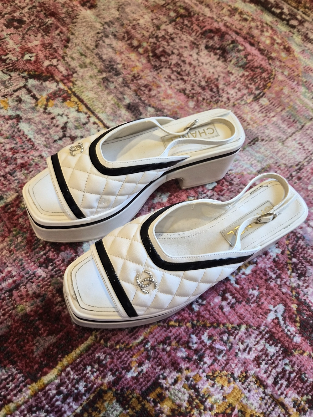 Chanel White Quilted Slingback Platform Sandals